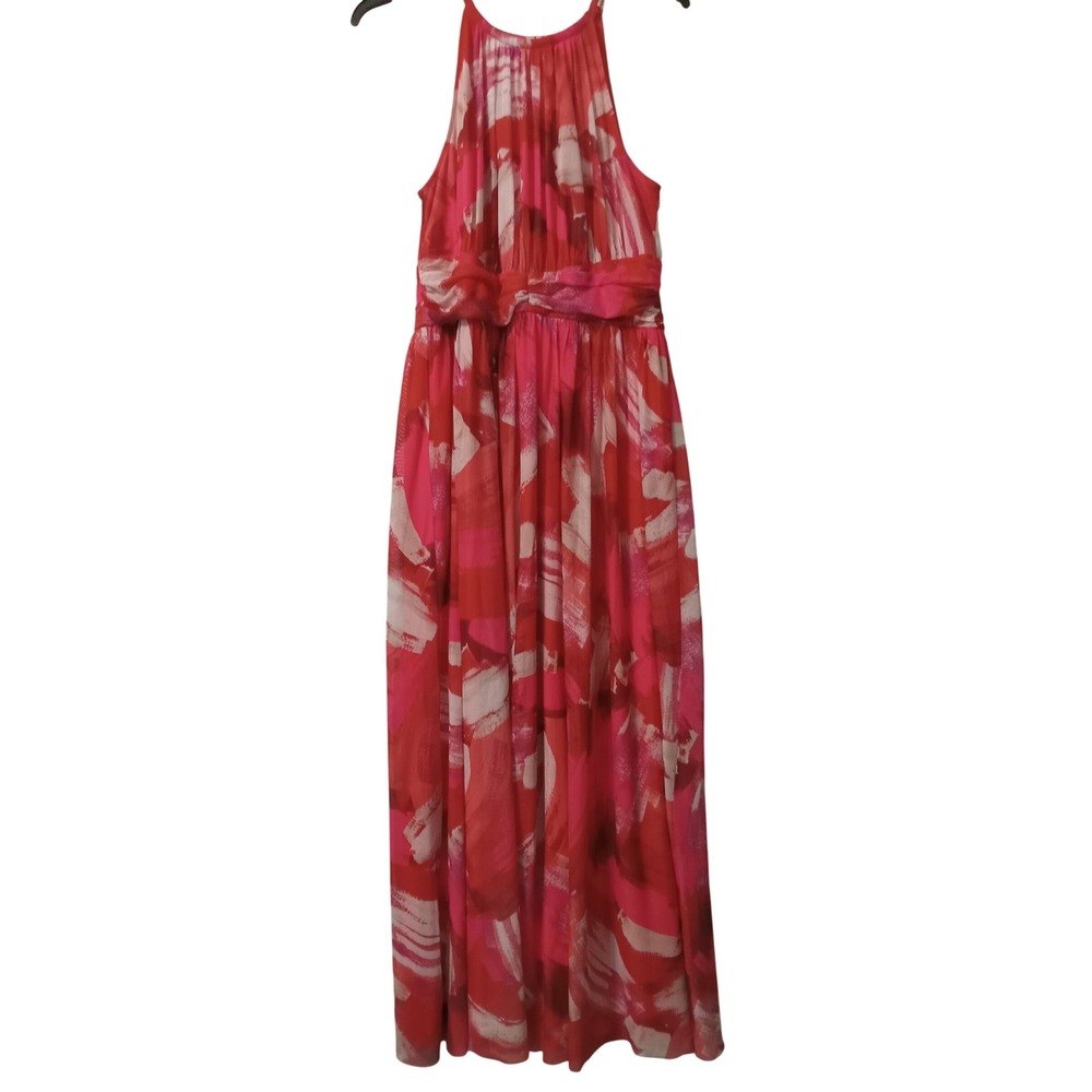 London Times Red Pink Abstract Print Halter Maxi RuchedWedding CruiseBoho Size10